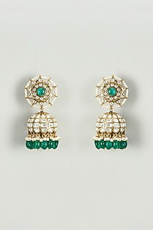Gold Finish Kundan Polki & Green Semi-Precious Stone Dangler Earrings