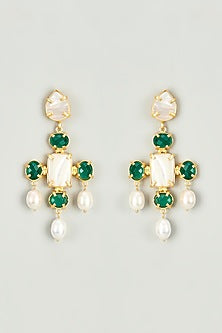 Gold Finish Pearls & Green Semi-Precious Stone Dangler Earrings
