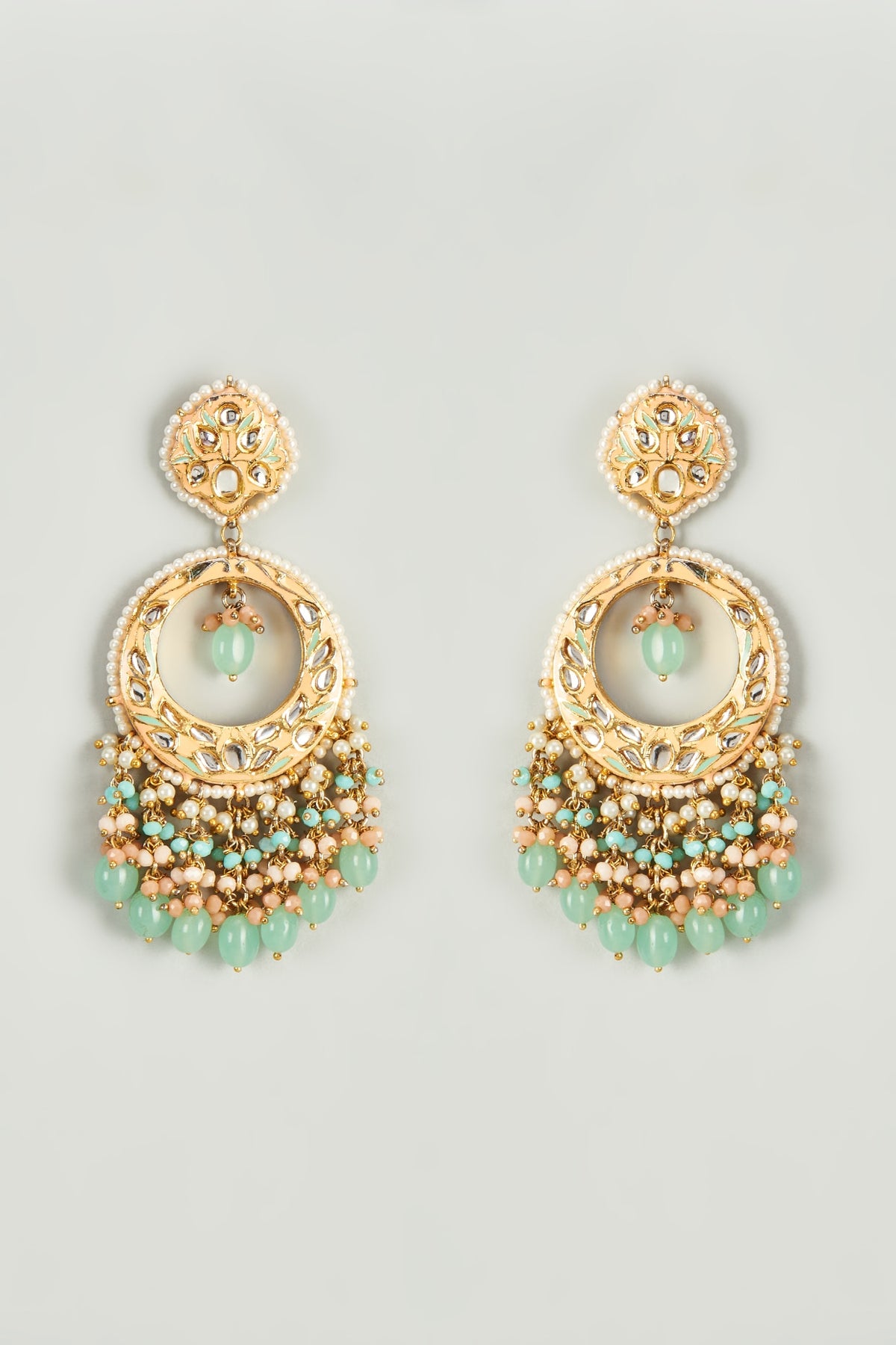 Gold Finish Kundan Polki & Aqua Green Semi-Precious Stone Chandbali Earrings