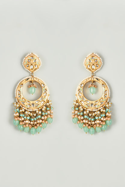 Gold Finish Kundan Polki & Aqua Green Semi-Precious Stone Chandbali Earrings