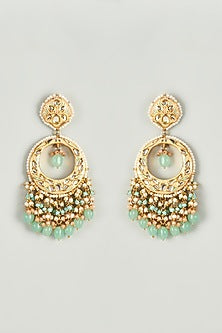 Gold Finish Kundan Polki & Aqua Green Semi-Precious Stone Chandbali Earrings