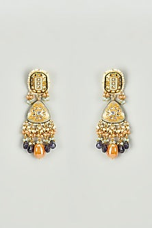 Gold Finish Kundan Polki & Multi-Colored Semi-Precious Stone Dangler Earrings