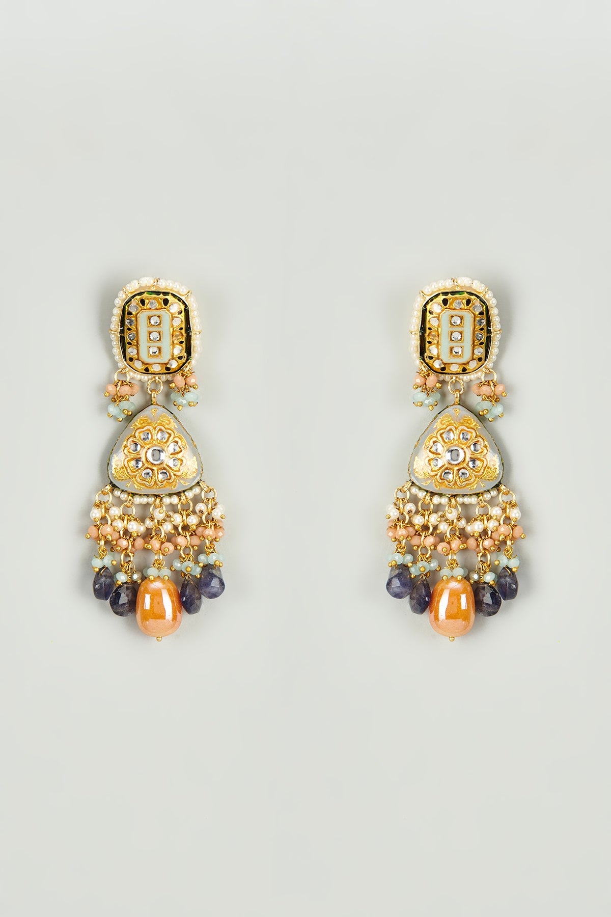 Gold Finish Kundan Polki & Multi-Colored Semi-Precious Stone Dangler Earrings