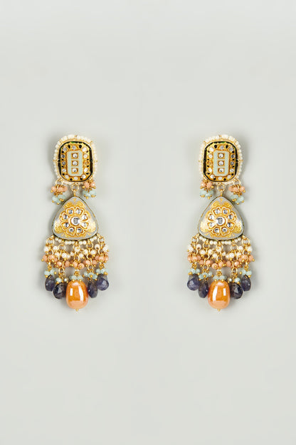 Gold Finish Kundan Polki & Multi-Colored Semi-Precious Stone Dangler Earrings