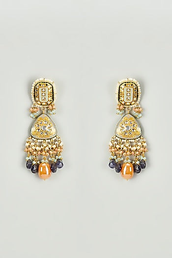 Gold Finish Kundan Polki & Multi-Colored Semi-Precious Stone Dangler Earrings
