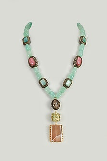 Gold Finish Aqua Green Kundan Polki & Agates Stone Necklace