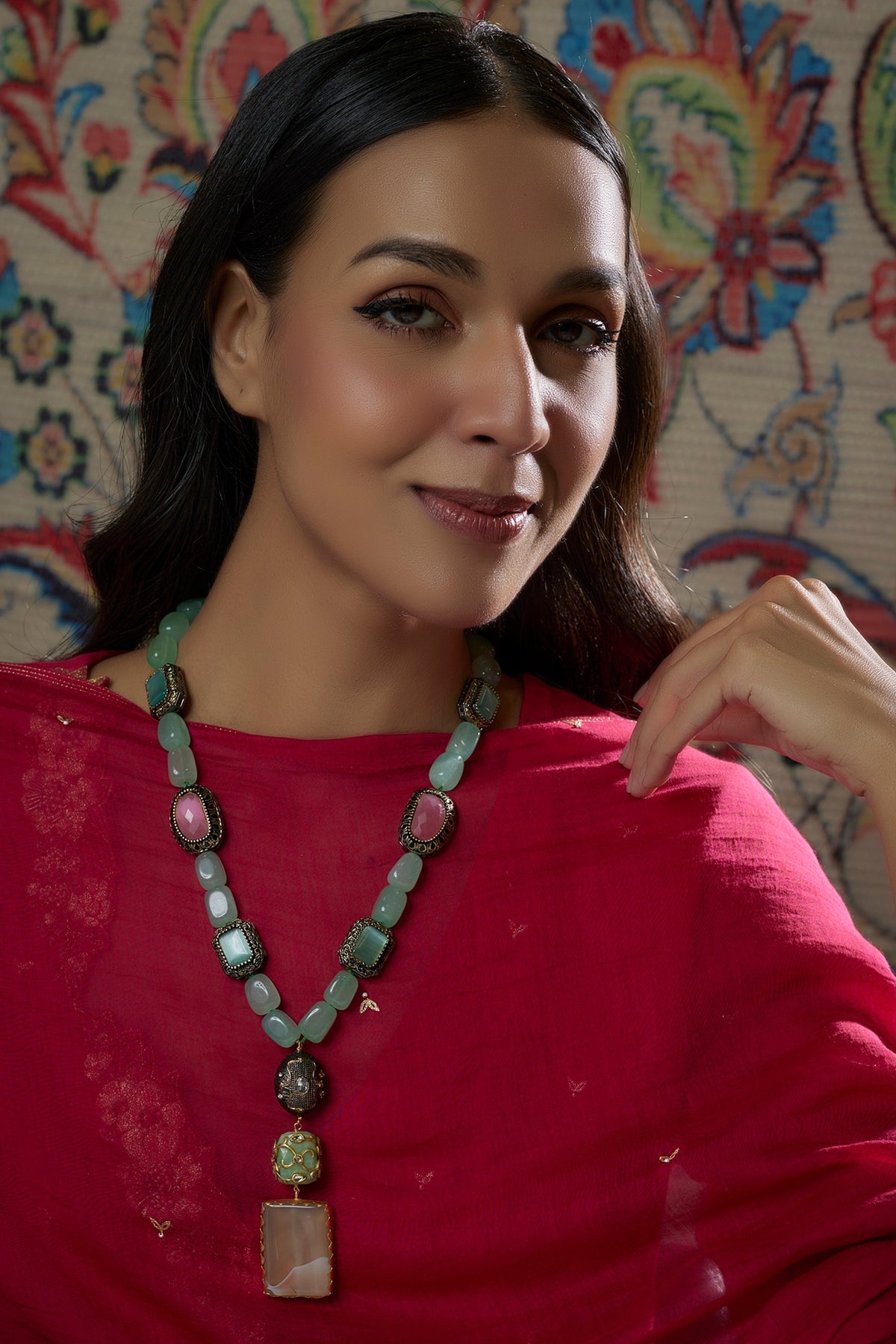 Gold Finish Aqua Green Kundan Polki & Agates Stone Necklace
