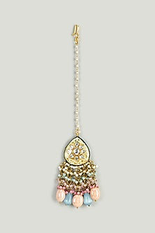 Gold Finish Kundan Polki & Pink Semi-Precious Stone Maangtikka