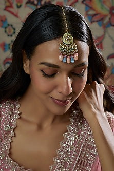 Gold Finish Kundan Polki & Pink Semi-Precious Stone Maangtikka