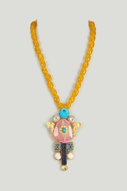Gold Finish Kundan Polki & Yellow Quartz Necklace