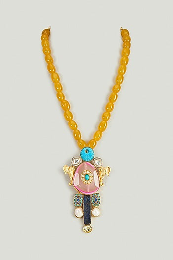 Gold Finish Kundan Polki & Yellow Quartz Necklace