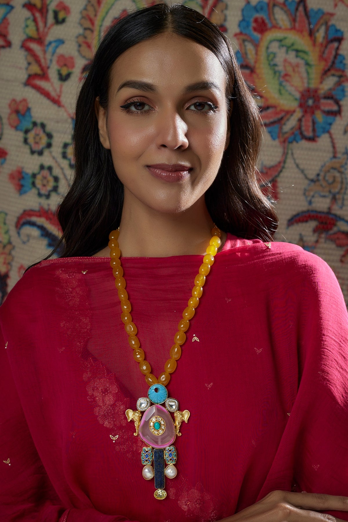 Gold Finish Kundan Polki & Yellow Quartz Necklace