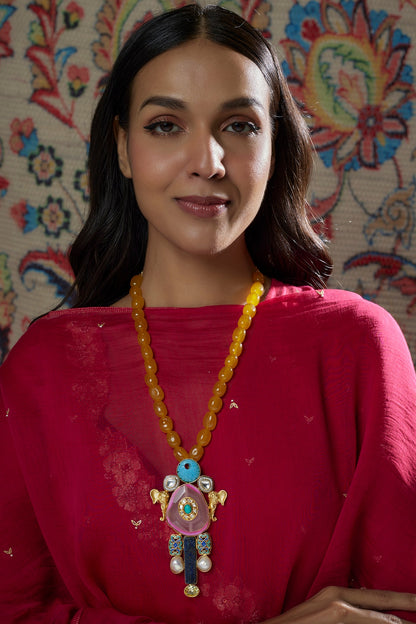 Gold Finish Kundan Polki & Yellow Quartz Necklace