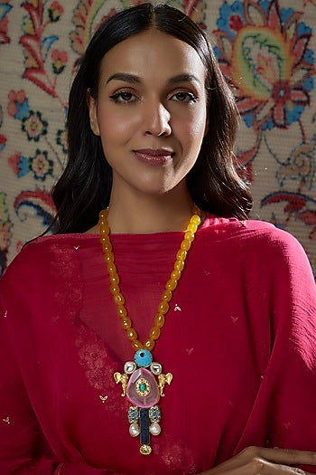 Gold Finish Kundan Polki & Yellow Quartz Necklace