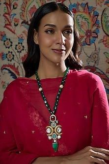 Gold Finish Green Kundan Polki & Agates Necklace
