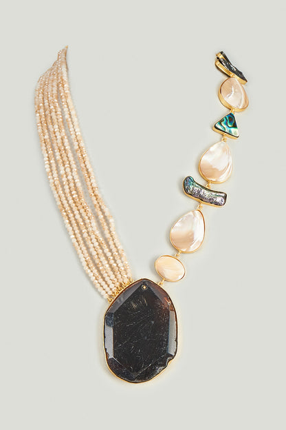 Gold Finish Semi-Precious Stone & Black Agates Necklace