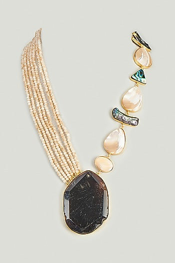 Gold Finish Semi-Precious Stone & Black Agates Necklace