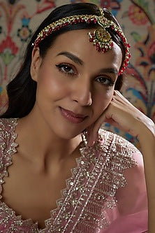 Gold Finish Kundan Polki & Red Stone Mathapatti