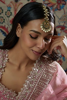 Gold Finish Kundan Polki & Semi-Precious Stone Maangtikka