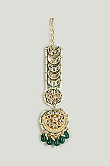 Gold Finish Green Kundan Polki & Semi-Precious Stone Maangtikka