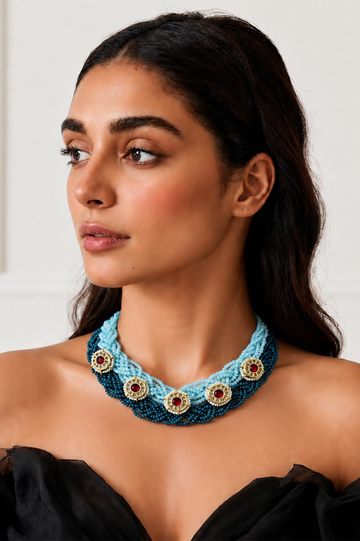 Gold Finish Crystal & Beaded Necklace