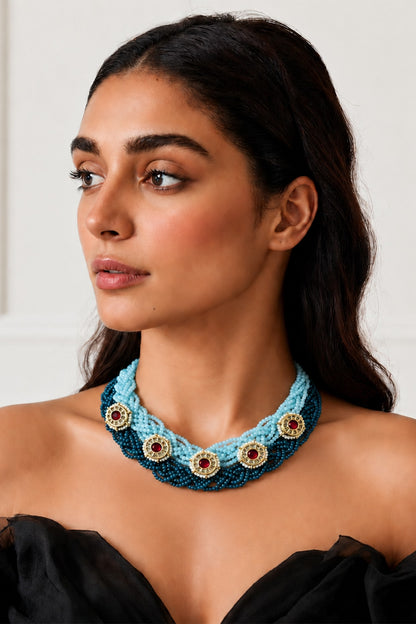 Gold Finish Crystal & Beaded Necklace