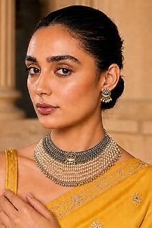 Silver Finish Faux Pearl Choker Necklace Set