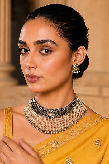 Silver Finish Faux Pearl Choker Necklace Set