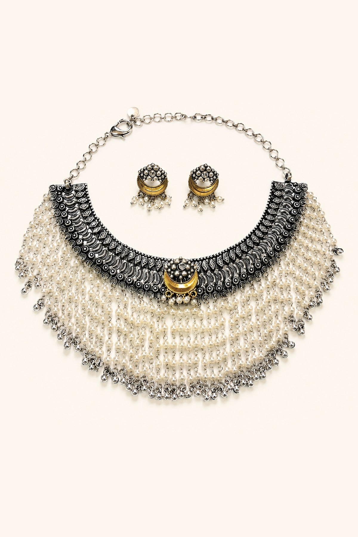 Silver Finish Faux Pearl Choker Necklace Set