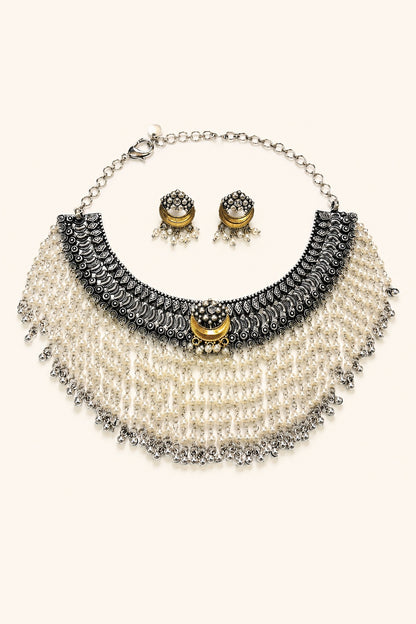 Silver Finish Faux Pearl Choker Necklace Set