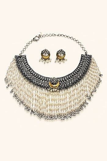 Silver Finish Faux Pearl Choker Necklace Set