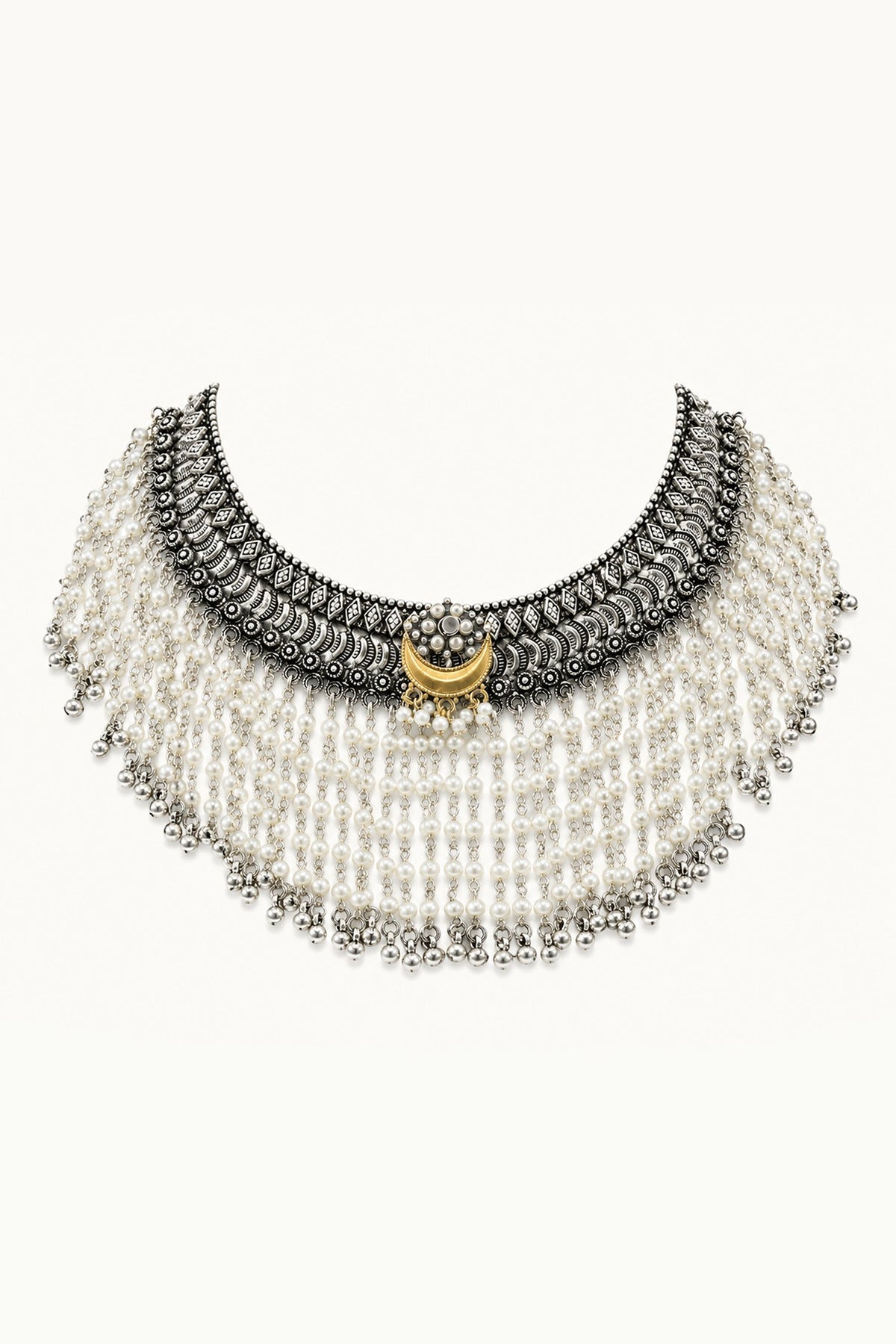 Silver Finish Faux Pearl Choker Necklace Set