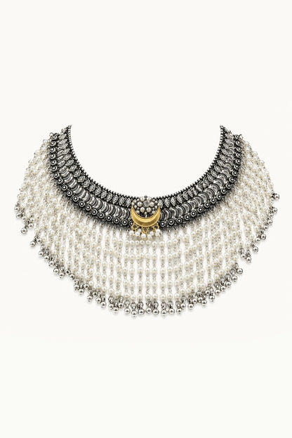 Silver Finish Faux Pearl Choker Necklace Set