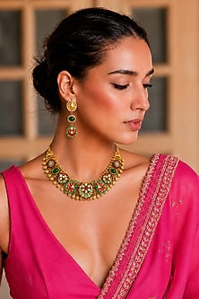 Gold Finish Kundan Polki & Multi-Colored Stone Necklace Set