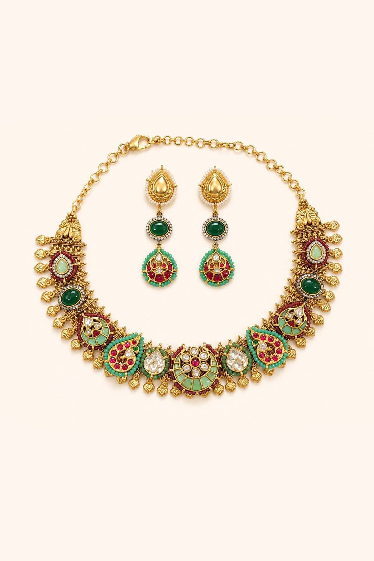 Gold Finish Kundan Polki & Multi-Colored Stone Necklace Set