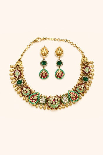 Gold Finish Kundan Polki & Multi-Colored Stone Necklace Set