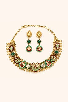 Gold Finish Kundan Polki & Multi-Colored Stone Necklace Set