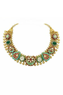 Gold Finish Kundan Polki & Multi-Colored Stone Necklace Set