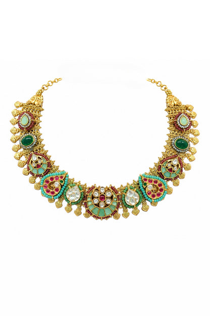 Gold Finish Kundan Polki & Multi-Colored Stone Necklace Set