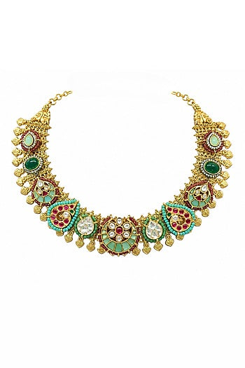 Gold Finish Kundan Polki & Multi-Colored Stone Necklace Set