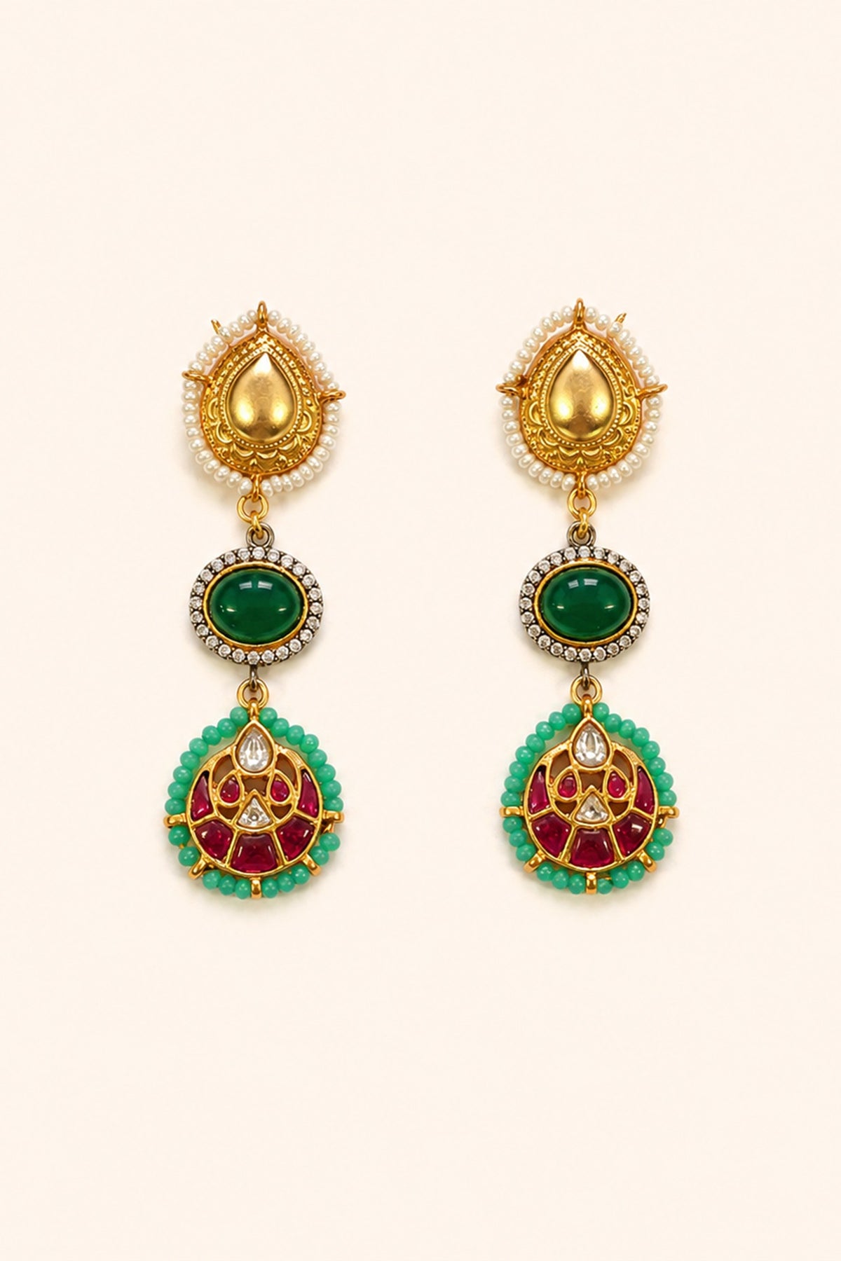 Gold Finish Kundan Polki & Multi-Colored Stone Necklace Set