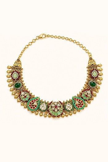 Gold Finish Kundan Polki & Multi-Colored Stone Necklace Set