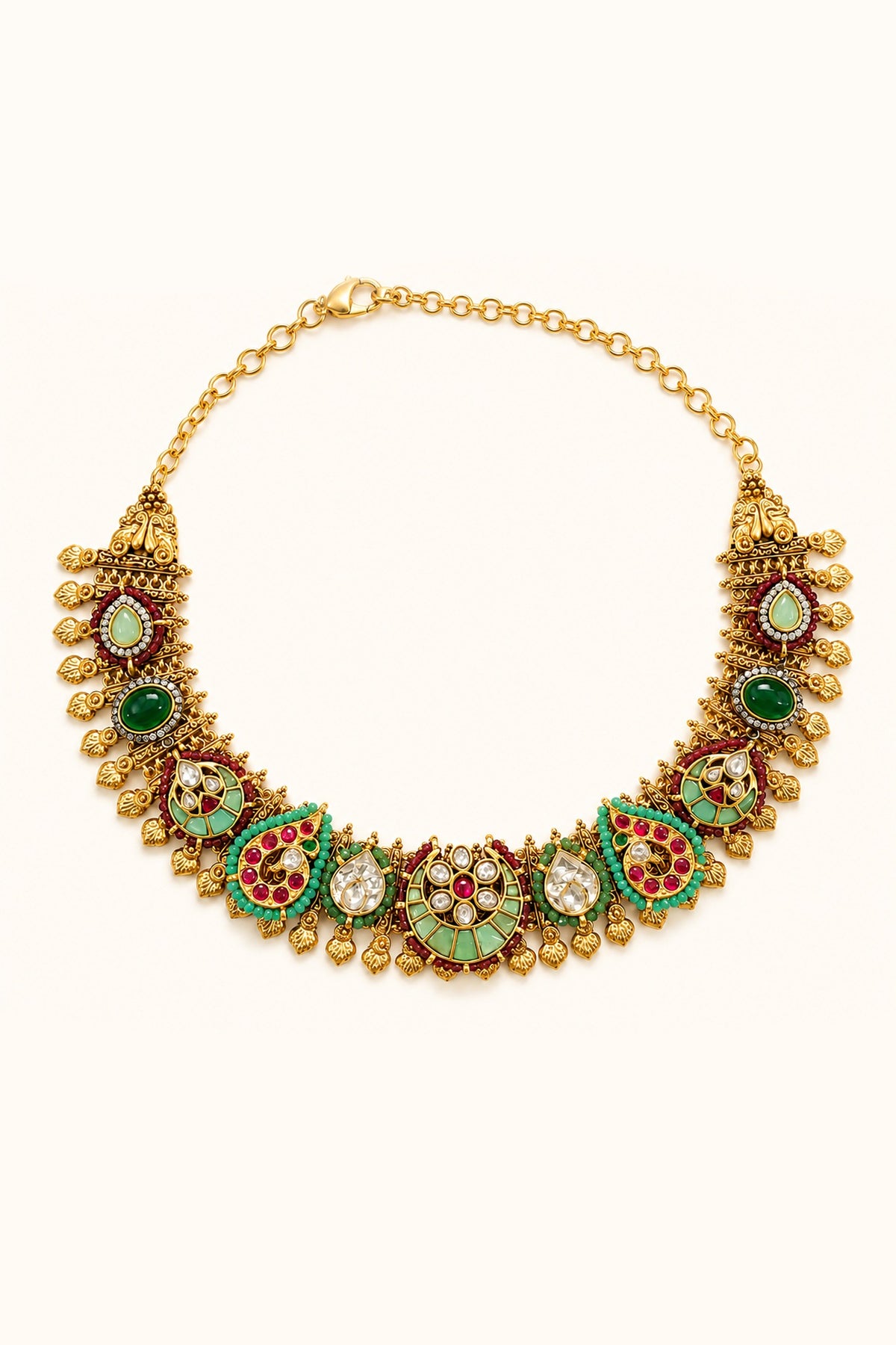 Gold Finish Kundan Polki & Multi-Colored Stone Necklace Set