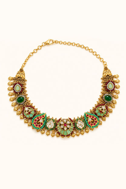 Gold Finish Kundan Polki & Multi-Colored Stone Necklace Set