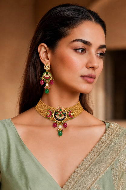 Gold Finish Kundan Polki Choker Necklace Set