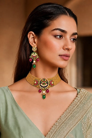 Gold Finish Kundan Polki Choker Necklace Set