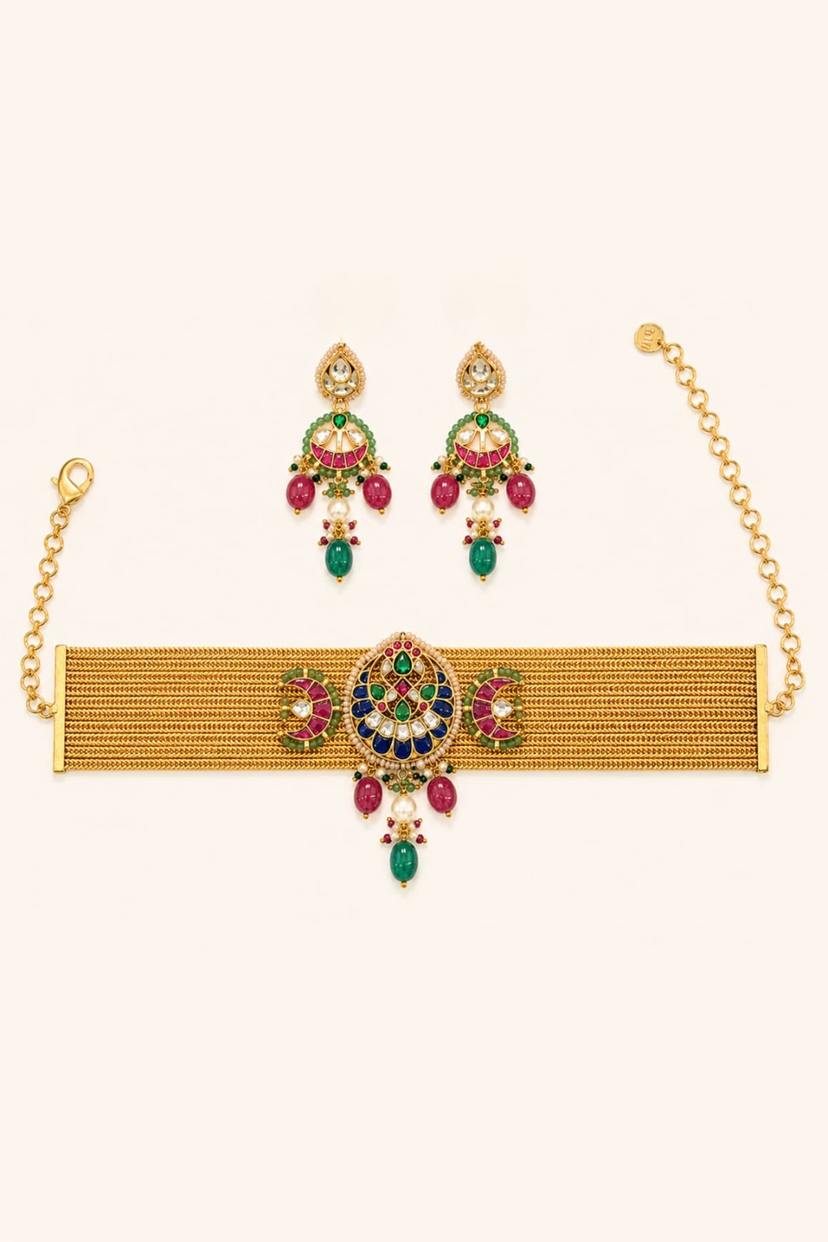 Gold Finish Kundan Polki Choker Necklace Set