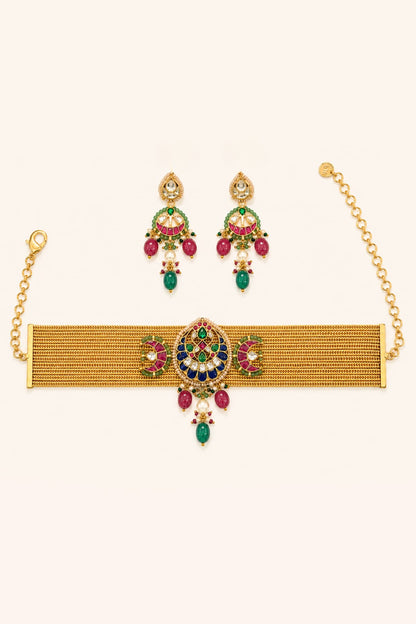 Gold Finish Kundan Polki Choker Necklace Set