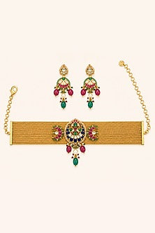 Gold Finish Kundan Polki Choker Necklace Set