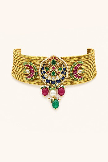Gold Finish Kundan Polki Choker Necklace Set